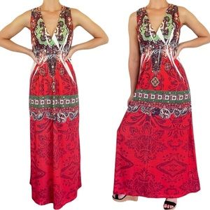 Sienna Rose colorful red v-neck henna print sleeveless maxi dress size small